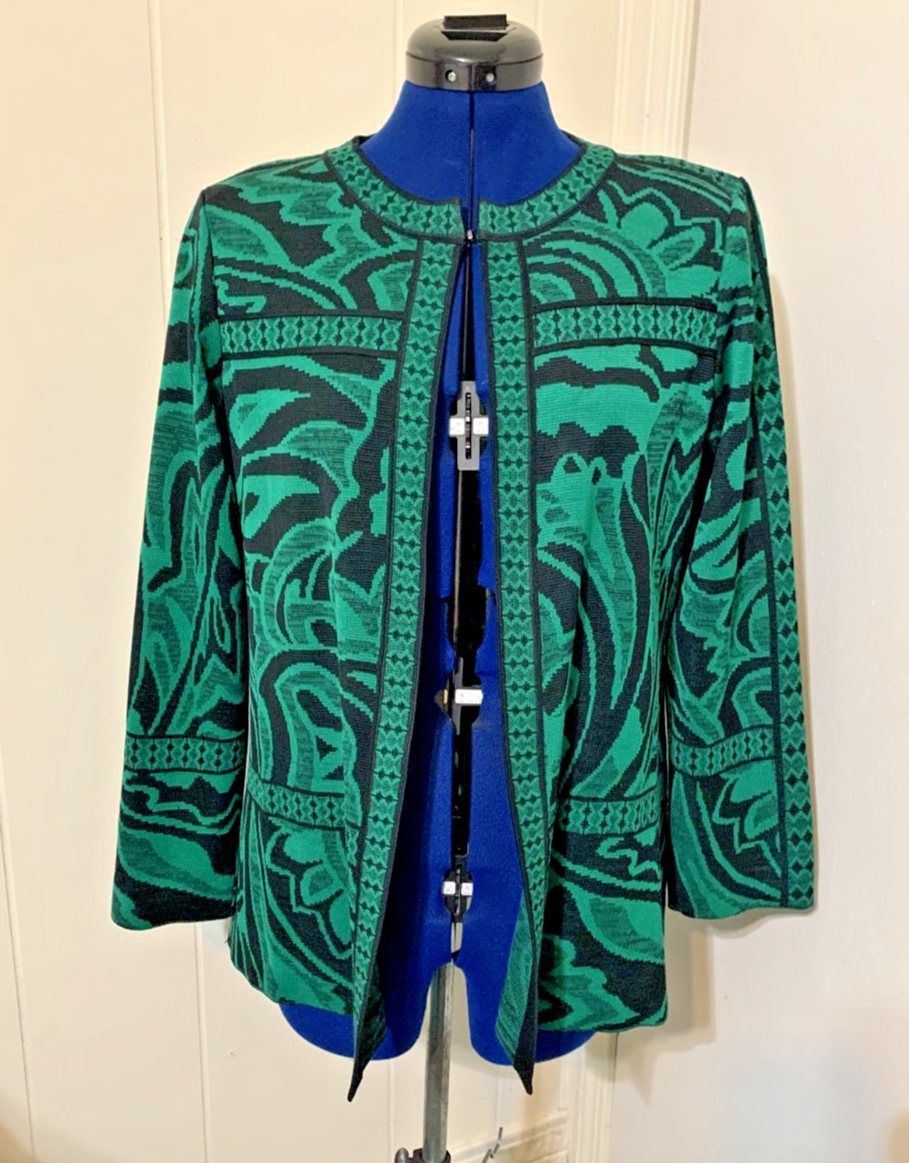 Ming Wang Green Black Floral Open Cardigan Sweater Quiet Luxury Old Money M NWOT